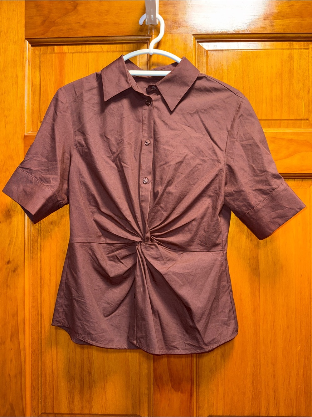 Womens Twist-Front Button Shirt - Brown